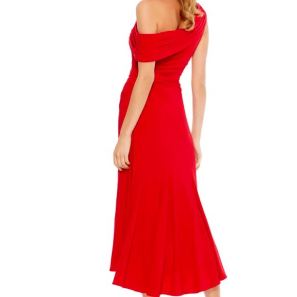 MAC DUGGAL FOLDOVER RUCHED ONE SHOULDER JERSEY MIDI RED DRESS sz 6 - Picture 3 of 4